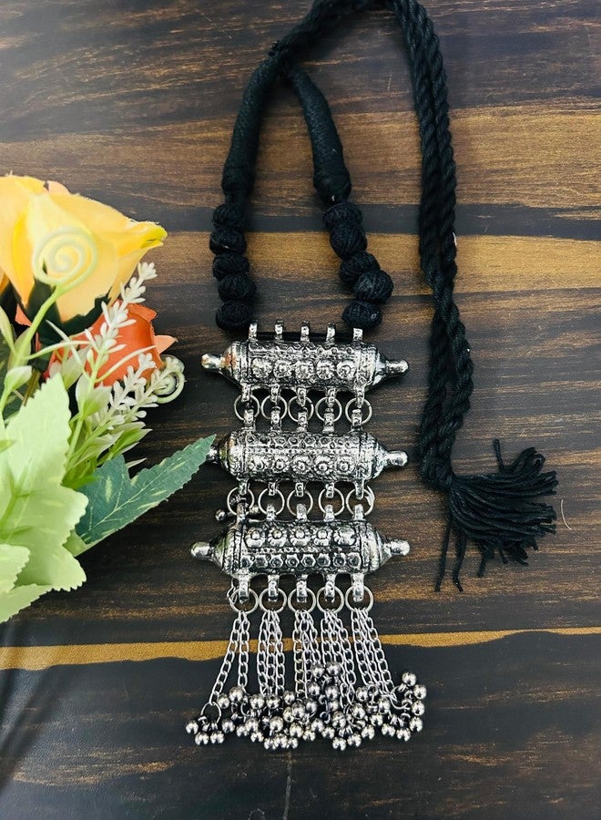 Siddhatva Ethnic Handamde Indian Afghani Gypsy Silver Oxidized Boho Ghungroo Choker Necklace Earrings Jewelry (Silver) - Image 2